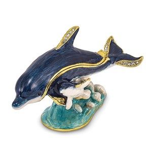 Pewter Bejeweled Crystals Gold-tone Enameled Blue Dolphin & Baby Trinket Box